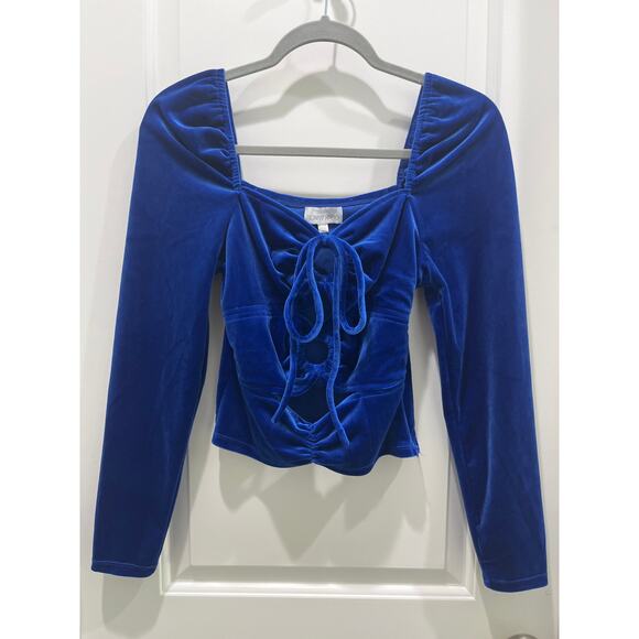 TORN BY RONNY KOBO Petra Long Sleeve Cut Out Electric Blue Velvet Crop Top Sz M - Picture 2 of 7